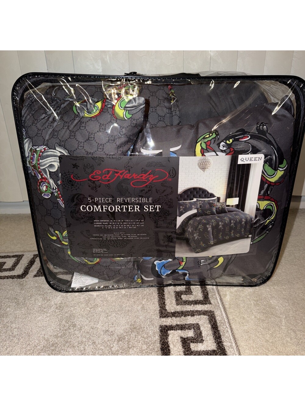Ed Hardy 8pc Queen Comforter Set Dark Gray Dragon snake ED Print NWT
